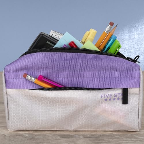 Five Star Pencil Pouch 9-Pocket Zipper Storage Organizer Case for Office Supplies Earbuds Chargers Cables Makeup, Tan/Purple (505600E) - color: Tan/Purple, size: 8"L x 4"W x 3"H