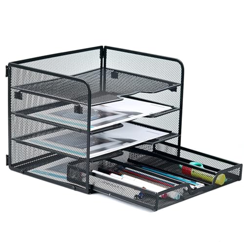 SETTFRFE 4 Tier Mesh Paper Letter Tray,Desk File Organizer with A Sliding Drawer,Office Supplies Desk Organizer for Home Office,Black.