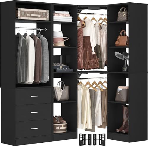 Besiost Corner Closet System with 3 Drawers, Corner Closet Organizer System with 13 Shelves & 3 Hanging Rods, 63.2"L * 39.2"W Reversible L Shaped Walk-in Closets, Load 2000+LBS, Black - color: Black, size: 39.2" * 63.2"