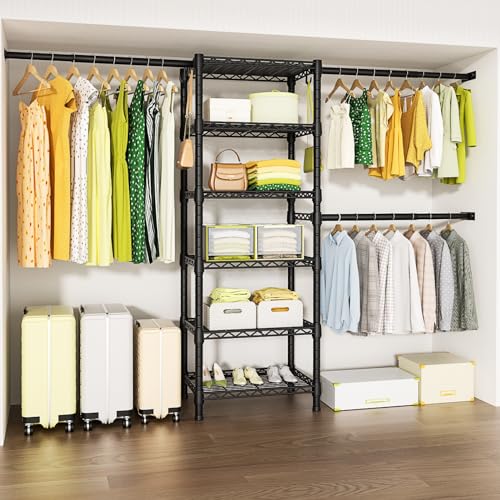 Ulif M5 Wall Mounted Clothes Garment Rack, Heavy Duty Closet Storage and Organizer System with 6 Shelves and 3 Expandable Hanger Rods, Space Saver Suit (46.2-102.4)" W x 14" D x 83.1" H, Black - color: Black, size: M5