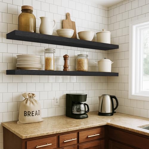 Floating Shelves for Wall, Bathroom Shelves Over Toilet, Wall Shelves & Book Shelf for Room, Hanging Shelf, Modern Wooden Mounted Floating Shelves, 36x7x1.5 in (Black, Set of 2) - color: Black, size: 36"(set of 2)