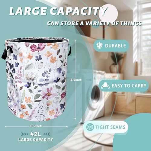 Watercolor Floral Laundry Basket Foldable With Handles Tote Bag Oxford Cloth Cute Flowers Laundry Hamper Clothes Storage Bucket Toy Organizer 18.9" x 16.5" For Bathroom/Laundry/Bedroom - color: Watercolor Floral Bright Flowers