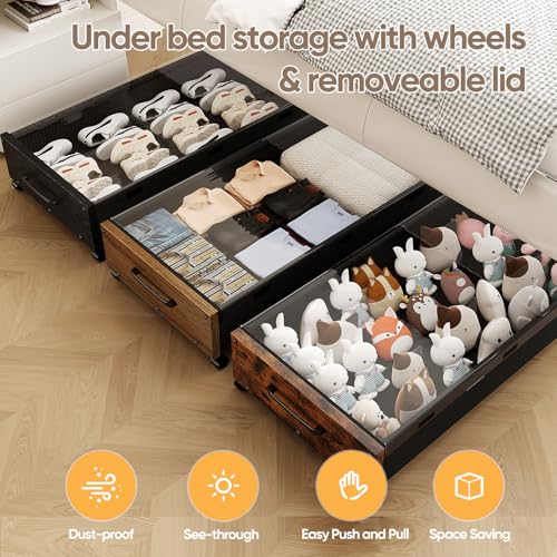 KITHELP Wooden Under Bed Storage with Wheels, 80L Extra-large Rolling Under the Bed Storage Bins 2 Pack with Removable Lid, Upgrade Metal Under Bed Drawers for Clothes Shoes Blankets in Bedroom - color: Vintage Brown 90cm-2pack