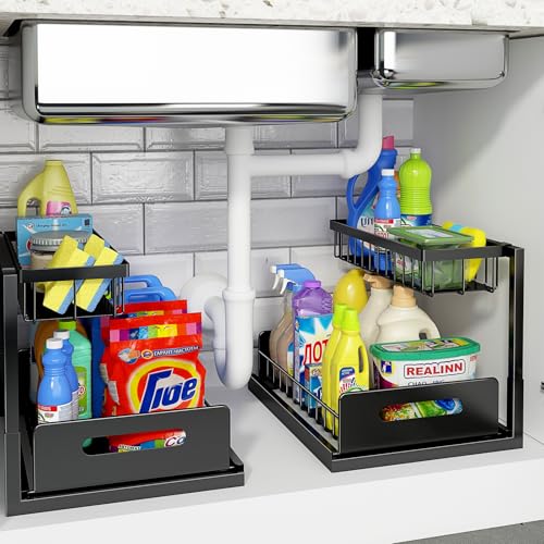 REALINN Under Sink Organizer, L-Shaped 2 Tier Pull Out Cabinet Organizer for Kitchen and Bathroom, Slide Out Under Cabinet Storage, Metal Under Sink Storage with Sliding Drawer, 50 lbs, Black 2 Pack - color: Black, size: 2 Pack