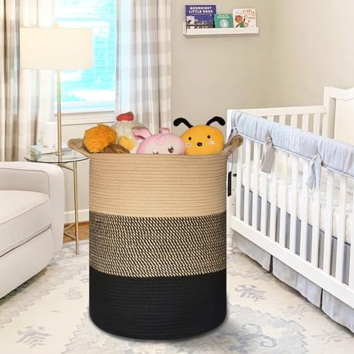 COMSE Extra Large Blanket Basket, Tall Woven Storage Basket, Nursery Hamper, 15.7”x 21.7”, Cotton Rope Laundry Hamper for Toys Clothes Towels, Brown/Black - color: Brown & Black