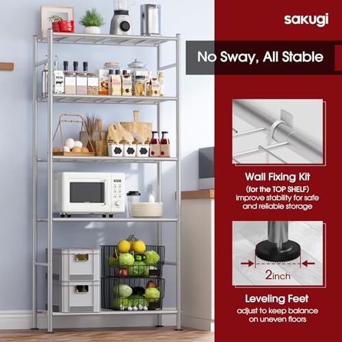 Sakugi Storage Shelves - 5 Tier Shelf Organizer, Heavy Duty Garage Shelving Unit with Leveling Feet, Stable Metal Shelves Organizer for Pantry, Kitchen and Closet, 33.0" W x 12.6" D x 72.0" H, Silver - color: Silver, size: 33.0W×12.6D×72.0H(5T)