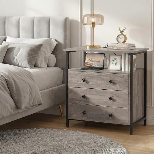 Edbuosy 3 Wooden Drawers Nightstand, 27 Inch Wide Night Stand Set 2 with Charging Station and Adjustable Drawers, Small Dresser for Closet, Bedside Table for Living Room/Bedroom/Office, Gray. - color: 2 Pack, Rustic Gray, size: 3 Drawers
