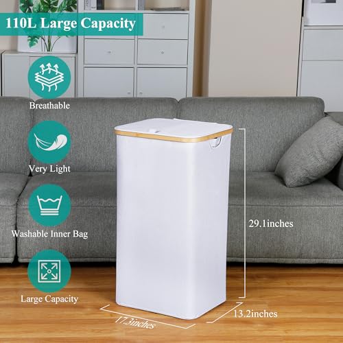 iEGrow 110L Laundry Hamper with Lid，Dirty Clothes Hampers for Laundry,Laundry Basket with Bamboo Handles and Removable Bag,Hamper for Bedroom, Bathroom, Dorm, Laundry Room, White - color: White, size: 110L