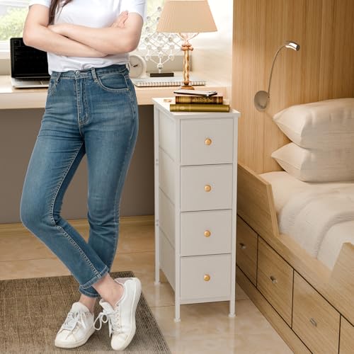 Fixwal Narrow Storage Cabinet, Narrow Nightstand Dresser with 4 Drawers, Slim Fabric Dresser Storage Tower for Small Spaces, White Dresser, for Bedroom, Bathroom, Laundry, Closet - color: White