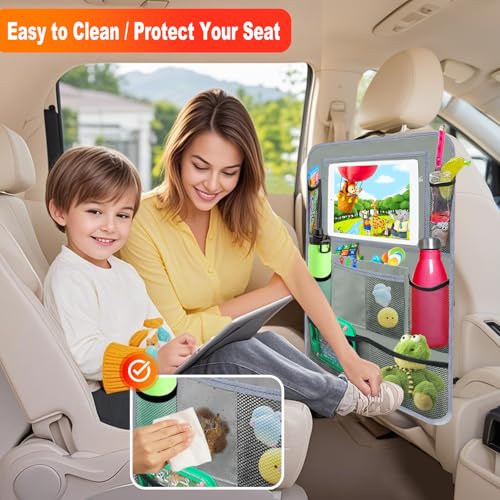 Car Backseat Organizer ，2 Pack Car Organizer Back Seat with 11" Tablet Holder, 10 Storage Pockets Seat Back Protectors Kick Mats for Kids Toddlers, Travel Accessories (Grey) - color: Grey, size: 2 Pack