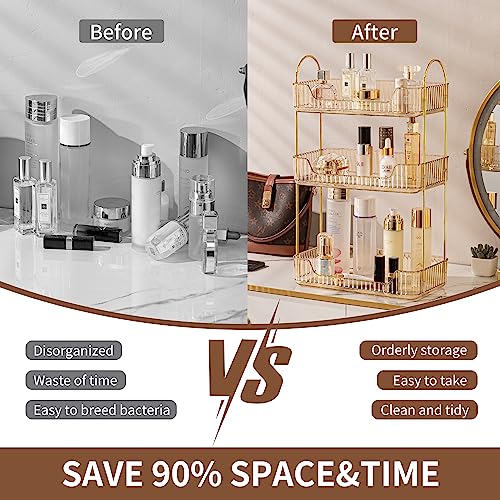 Akinbas 3 Tier Bathroom Organizer Countertop Makeup Perfume Tray Skincare Organizer for Bathroom Dresser Vanity (Gold) - color: Gold, size: 3 Tier