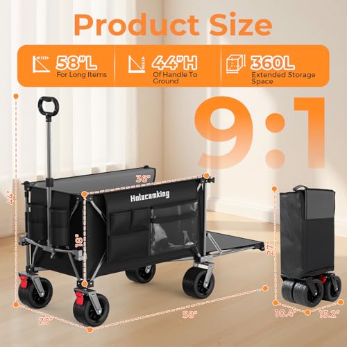 58”L Extender Collapsible Wagon, Extra Long Foldable Wagon Cart with Extended Tailgate, Heavy Duty Rolling Utility Cart with All-Terrain Big Wheels for Shopping Sports Beach, Black - size: 240L