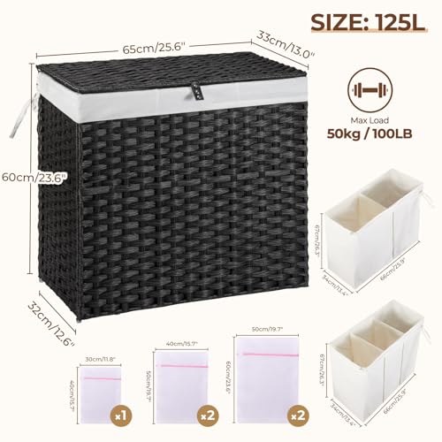 Greenstell Laundry Hamper with Lid, 125L Wicker Laundry Baskets with 2 Removable Liner Bags & 5 Mesh Laundry Bags, Handwoven Rattan Clothes Hamper with Handles for Clothes in Bathroom, Bedroom - color: Light Black