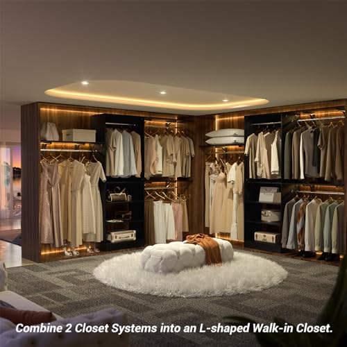iSunirm 8FT Closet System with Shelves, 96'' Closet Organizer System with 3 Hanging Rods, Wall Mount Bedroom Wardrobe Walk-in Closet, Adjustable Cloth Garment Rack from 5 to 8FT (Cut to Fit), Black - color: Black
