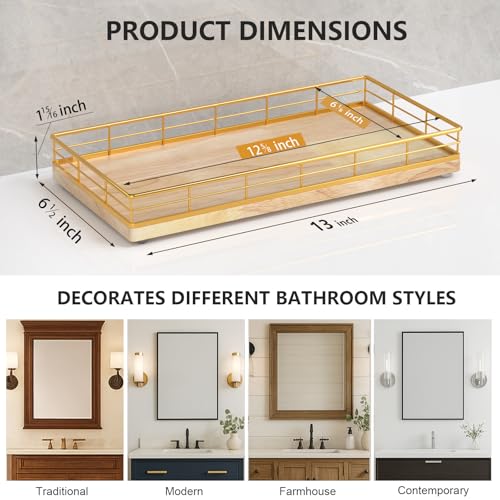 Toilet Paper Basket Organizer – Oak Wood Toilet Tank Tray with Metal Frame, Bathroom Counter Top Storage for Toilet Paper, Wipes & Decor, Modern Narrow Back of Tank Shelf Organizer, Gold & Nature Oak - color: Gold & Oak, size: 13" x 6.5" x 2"