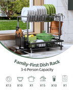 Dish Drying Rack, 2 Tier Space-Saving Dish Rack, Multifunctional Dish Drainer for Kitchen Counter with Drainboard/Utensil/Cup Holder Rustproof Carbon Steel, Black - color: Black