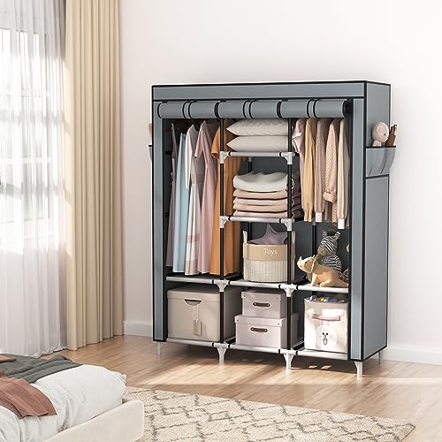 VTRIN Portable Closet Wardrobe for Hanging Clothes with 2 Hanging Rods and 8 Storage Organizer Shelves,Sturdy Large Wardrobe Closet for Bedroom Free Standing Clothes Rack with Cover,Grey - color: Grey, size: 3 Row - 49'' Wide