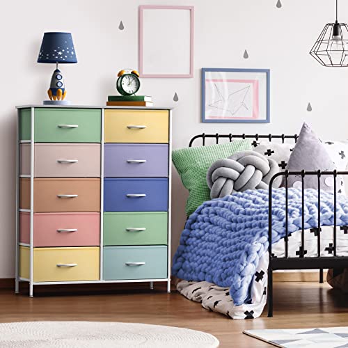 Sorbus Kids Dresser with 10 Drawers - Storage Unit Organizer Chest for Clothes - Bedroom, Kids Room, Nursery, & Closet - Steel Frame, Wood Top & Handles, and Easy Pull Fabric Bins - color: Pastel 2, size: 10 Drawer