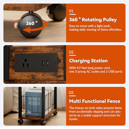 DGSANDGO Narrow Rolling Side Table with Charging Station (Outlets/USB Ports) & Storage Basket - Small Space End Table for Living Room Bedroom Office (Rustic Brown) - color: Rustic Brown, size: Basket Narrow-24.4"H 1 PC