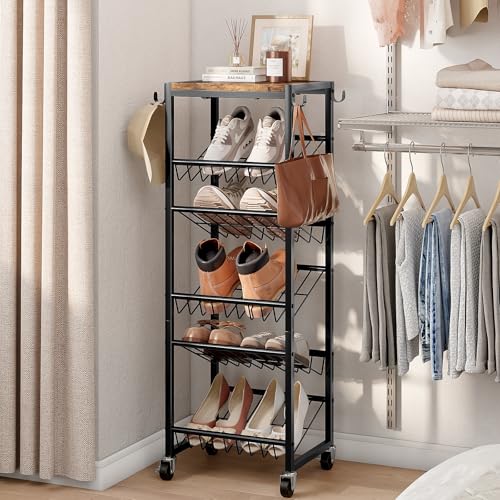 6 Tier Rotating Shoe Rack Tower with Wheels, Wooden Shoe Storage Organizer with Hooks, Sturdy Metal Narrow Shoe Shelf for 6-12 Pairs, Vertical Organizer for Closet Entryway, Rustic Brown - size: 6-tier(13.9 × 11.2 × 38.6)