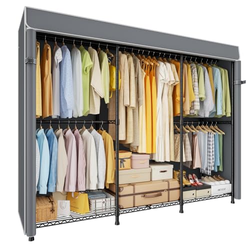 ULIFHOME E14C Pro Heavy Duty Closet Organizer System，Freestanding Clothing Racks for Hanging Clothes，Adjustable Garment Rack 70.1"W × 16.6"D × 76.4"H Hold 960 lbs，Black Rack with Grey Dustproof Cover - color: Black Rack With Grey Cover