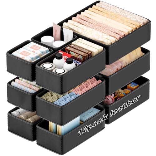 Vegan Leather Drawer Organizers,12 Pack Makeup Storage boxes,Vanity Drawer Luxury upgrade,Bedroom fabric Drawers replacement,bathroom organization and storage Optimal solution - color: black, size: 12 pack