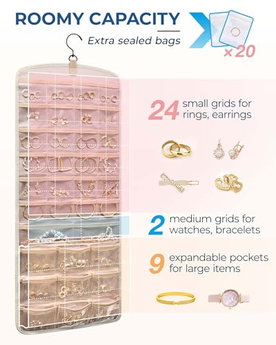 BAGSMART Hanging Jewelry Organizer, Necklace Holder Anti-tangle Earrings Rings Hanger with Pockets Hang on Closet, Wall, Door,1 Piece, Large Beige - color: Beige, size: Large - Standard