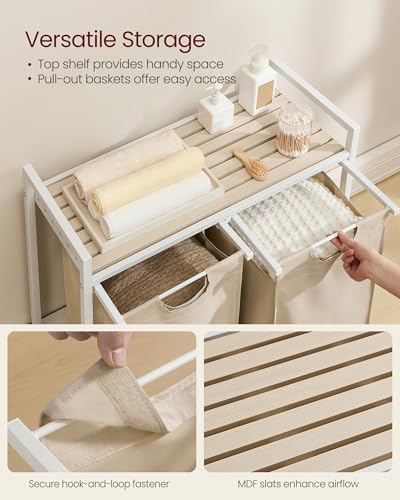 VASAGLE Laundry Hamper, Laundry Basket Sorter with 2 Pull-Out and Removable Bags, Shelf, Metal Frame, 2 x 12.1 Gallons (46 L), 28.8 x 13 x 28.4 Inches, Cappuccino Beige and Natural Beige UBLH201LH01 - color: Cappuccino Beige + Natural Beige, size: 2 Bags