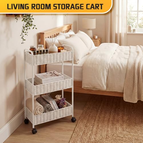 FOCHIER F Utility Slim Storage Cart,3-Tier Rolling Kitchen Office Laundry Room Cart,Mobile Shelving Unit Organizer for Living Room Bathroom Baby Diaper Narrow Places (White, UC-White-7.1inch) - color: White