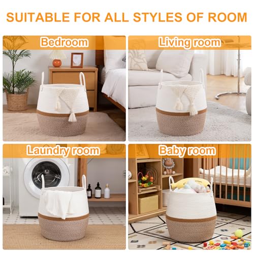 OIAHOMY 60L Blanket Basket with Handle, Storage Basket for Living Room, Laundry Hamper for Clothes, Towels, Pillows, Toy Storage for Kids and Dogs, Baby Hamper for Nursery - Brown & White - color: Brown & White, size: 60L