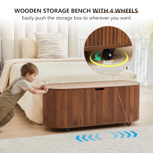 Fluted Storage Bench with 4 Wheels, 43.3” Oval Storage Chest with Safety Hinges, Modern Wooden End of Bed Bench, Large Storage Trunk Toy Chest with Lift Top for Entryway Bedroom Living Room, Walnut - color: Walnut