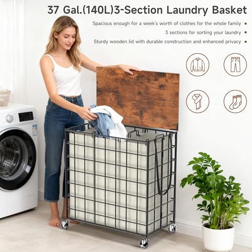 Laundry Basket with Wheels, Heavy Duty Laundry Sorter 3 Sections, 140L (37Gal.) Large Capacity Laundry Hamper with Wood Lid, 360 Rolling Wheels, Extra Side Pocket, Leather Pull Handle (Beige) - color: Beige, size: 140L