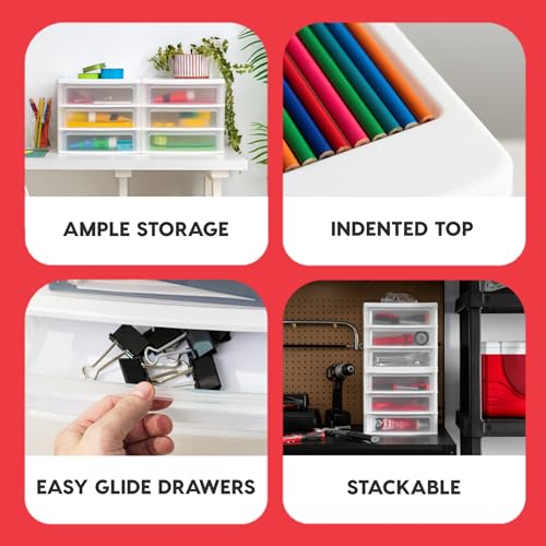 IRIS USA Plastic Stacking Desk Top 3-Drawer Storage Organizer, 2-Pack, for Makeup Vanity Nail Polish Bathroom Stationery Art Craft Supplies Kitchen Office Garage and Small Organization, Medium, White - color: White, style: Medium - 2 Pack