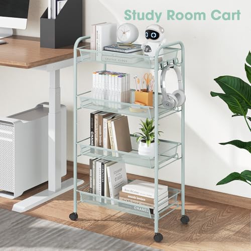 TOOLF 4-Tier Rolling Cart, Metal Utility Cart with 3 Hooks, Easy Assemble Mobile Storage Trolley On Wheels, Metal Shelving Units Kitchen Bathroom Laundry Room - color: Green, size: 4-Tier