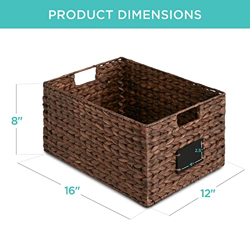 Best Choice Products Pantry Baskets Set of 2 16x12in Water Hyacinth Storage Baskets, Woven Wicker Kitchen Organizers with handles w/Chalkboard Label Chalk Marker - Brown - color: Brown, size: 12x16x8in