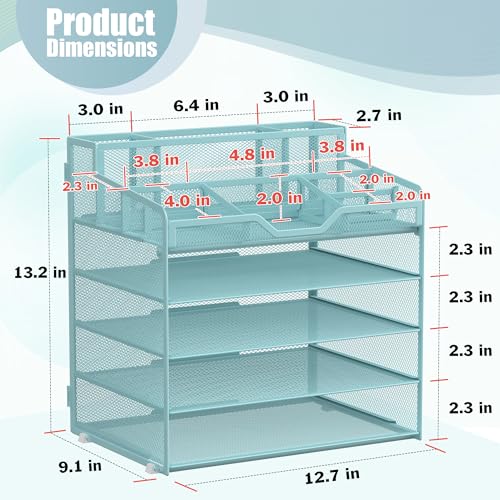 Docnest 5 Tier Mesh Desk Organizer for Paper Office Supplies – Multi-Functional Letter Tray with 5 Adjustable Compartments, 3 Pen Holders, Desktop Storage for Files, Mail, Stationery – Blue - color: Blue, size: 12.7" x 9.1" x 13.2"