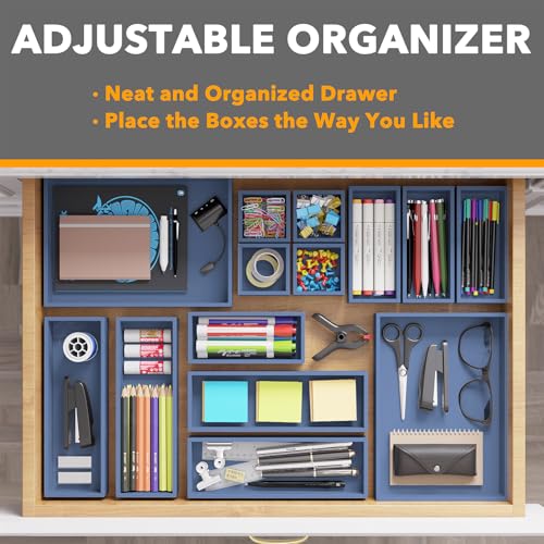 SpaceAid 14-Piece Bamboo Drawer Organizer Storage Boxes Set, Wood Tray Junk Drawer Organizers Multi-Use Divider Bins for Kitchen, Bathroom, Office Desk and Makeup Organization (14 Pack, Navy Blue) - color: Navy Blue