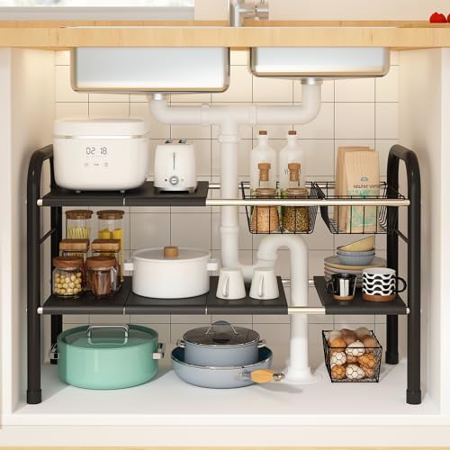 Expandable Under Sink Organizer, 2 Tier Under Sink Shelf with 2 Removable Baskets and 6 Removable Panels for Cabinet Sink Cloakroom Wardrobe Closet Storage(Black, 17.71”-32”Length