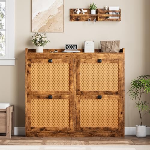 GarveeHome Shoe Cabinet Rattan with 4 Flip Drawers, Wooden Freestanding Shoe Organizer with Adjustable Shelves, Shoe Storage for Entryway, Closet, Hallway - color: Brown, size: 4-Drawers