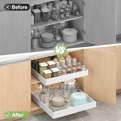 2-Pack-Expandable-Pull-Out-Cabinet-Organizers For Kitchen, Adjustable Slide Out No Drill Adhesive Drawers With Raising Pad For Framed Cabinet, Heavy Duty Sliding Roll Out Shelves Inside Cabinet - color: White