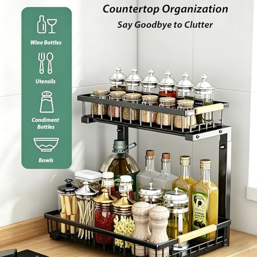 2 Pack Under Sink Organizer, 2-Tier Pull Out Kitchen Cabinet Organizer, Height Adjustable Metal Slide Out Bathroom Organizers and Storage Makeup Drawer Organizer for Office Bedroom (B-Black, 2Pack) - color: B-Black, size: 2-Pack