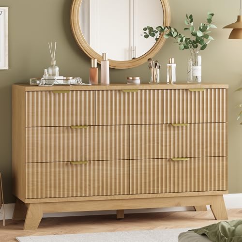 Fluted Dresser for Bedroom with 7 Drawers, 48" Wide Modern Chest of Drawers with Metal Handle, Wood Dresser TV Stand, Wooden Closet Clothes Storage Organizer for Living Room, Hallway, Natural Oak - color: Natural Oak, size: 15.6"D x 47.2"W x 30.5"H (7 Dra