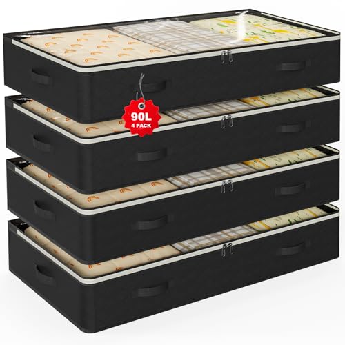 90L Under Bed Storage Containers,4-Pack Closet Organizers and Storage Bins,for Organization and Storage Clothes, Shoes, Blankets & Pillows,Visible Transparent Top Storage Bins with Lids,Black - color: Black, size: 4 Pack