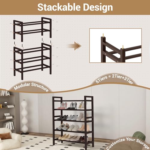 Haddockway Bamboo Shoe Rack for Closet, Free Standing Shoe Organizer with Smooth Round Rods & Convenient Handles, Stackable Shoe Storage Shelf for Entryway, Hallway(Brown, 5-Tier(Small)) - color: Brown, size: Small
