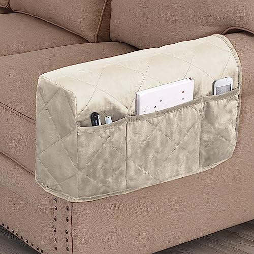 Velvet Quilted Armrest Covers - Water-Resistant Sofa Arm Protectors Set of 2 with Side Pocket Organizer, Non-Slip Furniture Covers for Chairs & Couches (Ivory) - color: Ivory