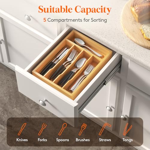 Lifewit Silverware Drawer Organizer, Utensil Tray for Kitchen, Flatware and Cutlery Holder, Storage for Spoons Forks Knives, 8.6 x 12.5", Natural - size: 8.6''W x 12.5''D