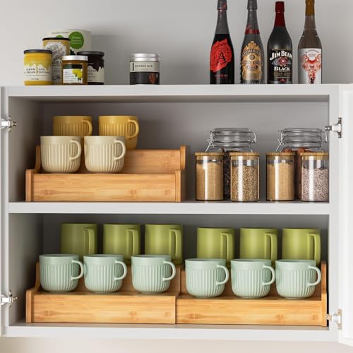 Hongtamoya 2-Tier Expandable Bamboo Coffee Mug Holder, Mug Organizer for Kitchen Cabinets, Mug Cup Rack, Multi-Functional Cup Holder Shelf, Coffee Bar Organizer, Home - size: (11.61~22.44'')L*8.86''W*4.53''H