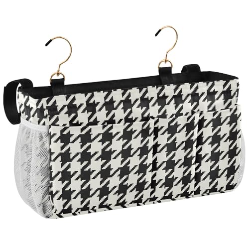 Classic Houndstooth Print Bedside Caddy Storage Bag Bedside Organizer for Bunk Bed Headboards College Organizer Caddy Hanging Shelf 6 Pockets with Hooks for Drinks Magazine Phone Holder - color: Classic Houndstooth