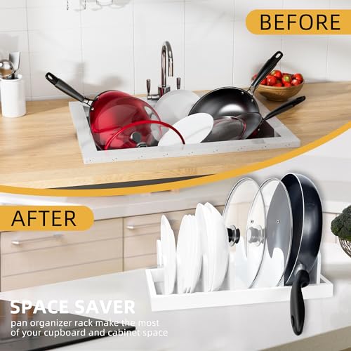 MinBoo Bamboo Pot Lid Organizer Pot Lid Holder, Pot and Pan Organizer Drawer Organizer for Pot Lids, Pans, Cutting Boards & Baking Sheets, Dinner Plates, Reusable Containers in Cabinet Storage,White - color: White
