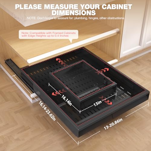 Seinloes 4 Pack Pull Out Cabinet Organizer With Raising Pad for Framed Cabinets,Expandable Width (13"-21") and Depth (17"-24"),3 Slide Rails Slide Out Drawers with Handle,No-Drill Roll Out Shelf,Black - color: Black, size: 13"-21"W x 17"-24"D(4Pack)